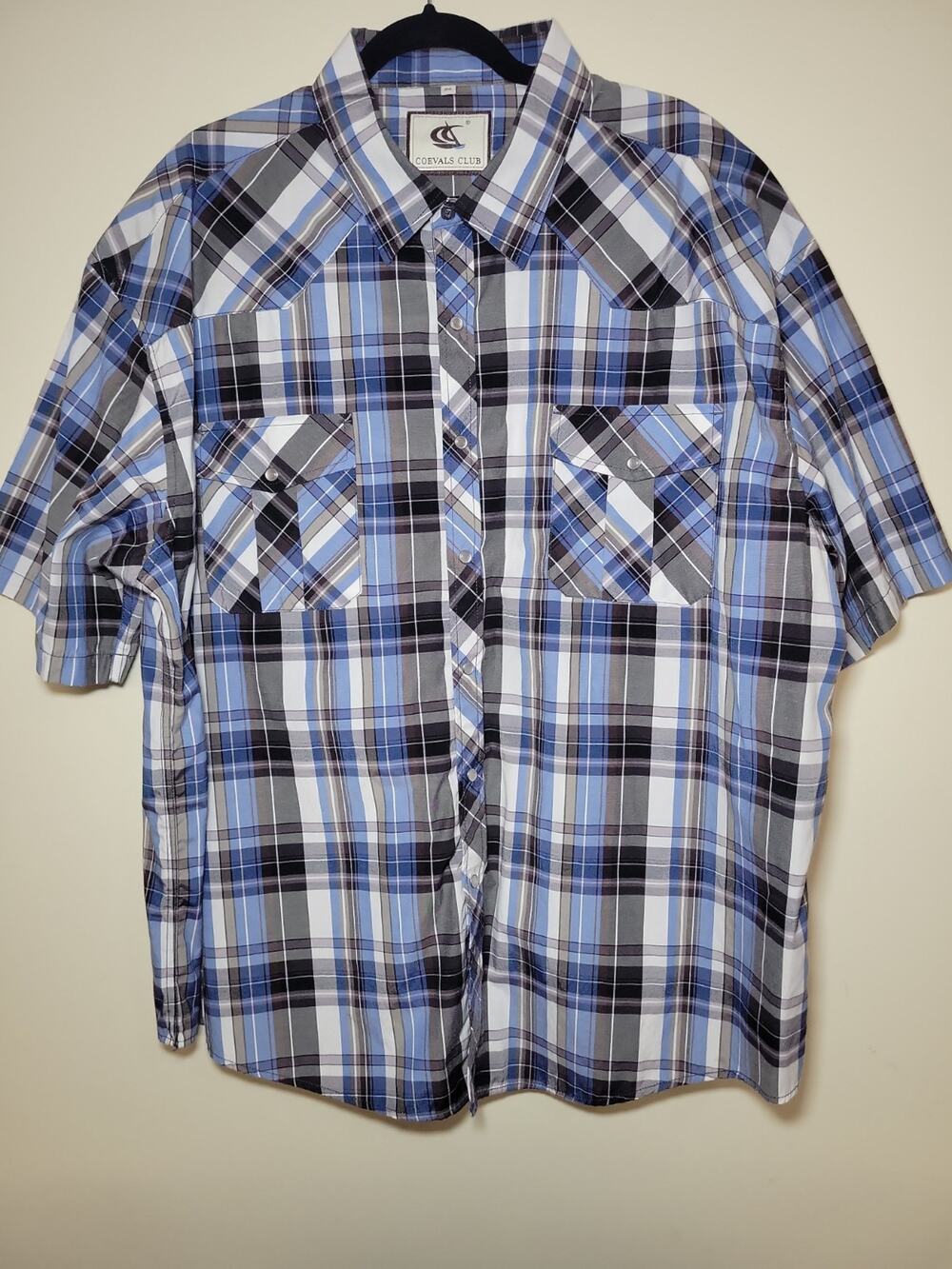 Men's 3XL Short Sleeve Pearl Snap Button Down Blue Plaid Western Rodeo Cowboy